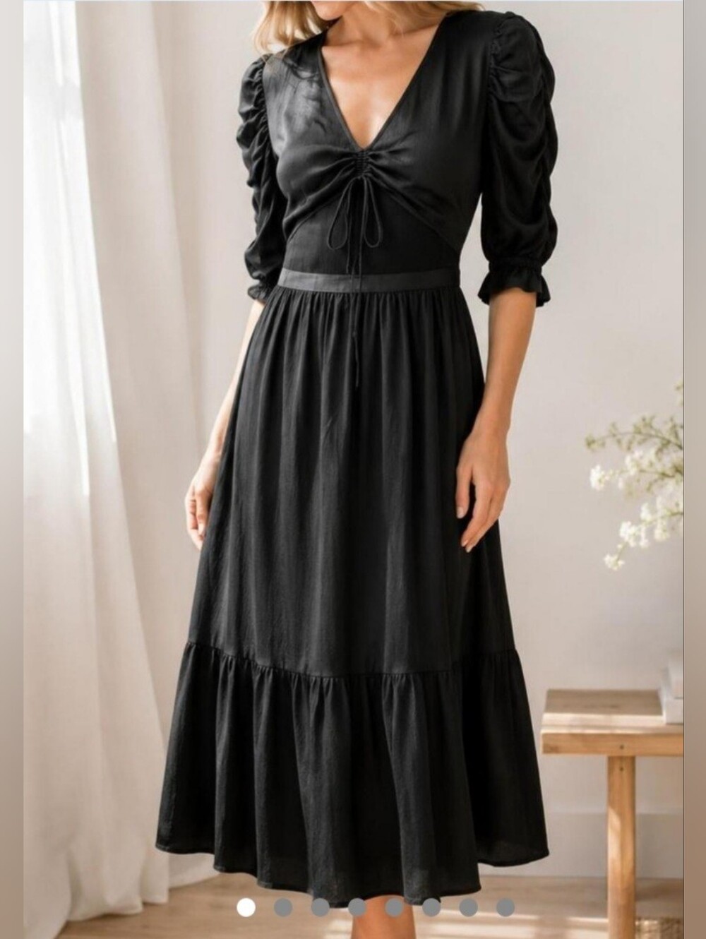 ba&sh Black Ruched Tie-Front Tiered Maxi Dress Puff Sleeve Size 2